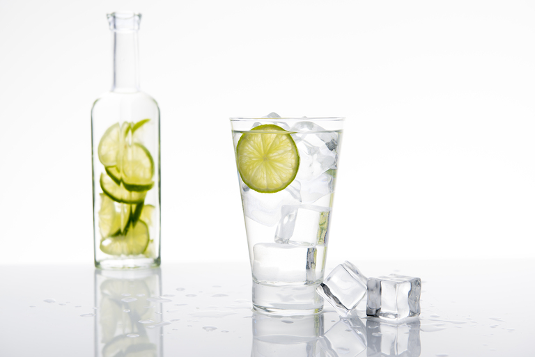 um copo de gin com gelo e limão seguido de uma garrafa de vidro

