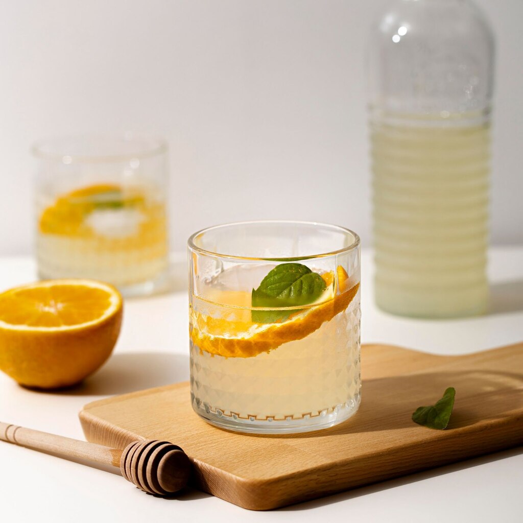 Drink Gin Tônica com mel servido em um copo com uma fatia de limão-siciliano cortada e colocada no copo.