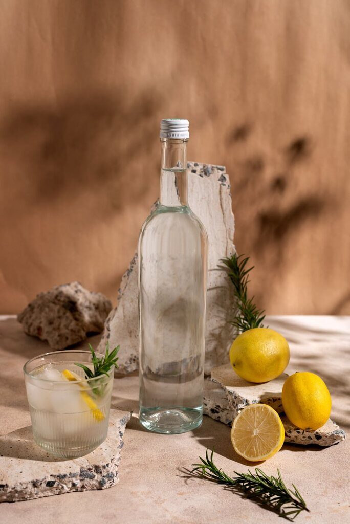 Garrafa de Gin colocado no centro da mesa. Ao lado 3 limões sicilianos, e copo de vidr servido com Gin e limão.